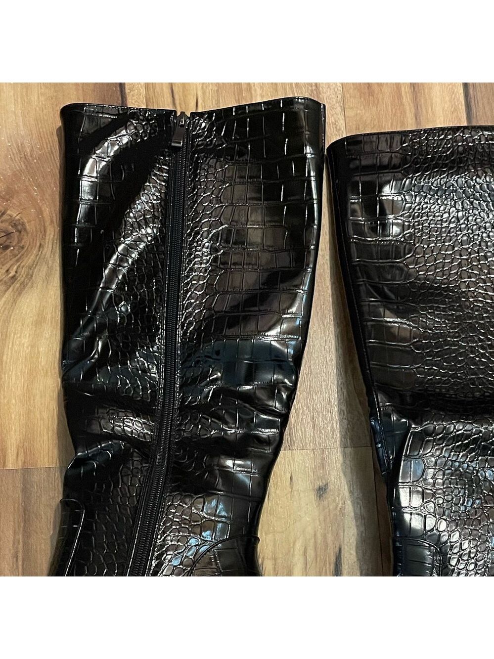 Women's Black Croc-Embossed Knee Boots - Picture 8 of 17